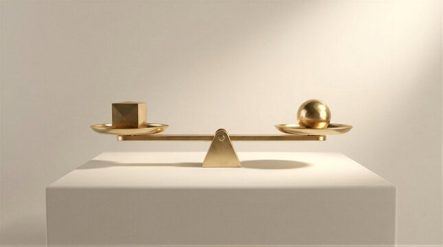 Golden balance scale with cube and sphere on pedestal. Concept of equality, comparison and symmetry. Metaphor for decision making, business judgment, investment risk and parity