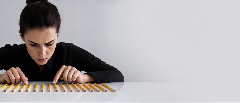 Woman organizing pencils in precise row on white table. Person suffering from obsessive compulsive disorder performing ritual with office supplies. Banner with copy space