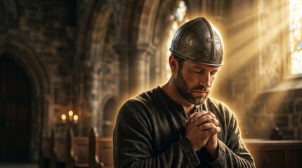 Obraz premium Medieval knight in armor praying solemnly inside an ancient church or cathedral with stained glass window light