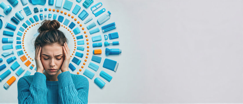 Woman suffering from obsessive compulsive disorder holding head with chaotic objects arranged in organized pattern around her. Banner with copy space