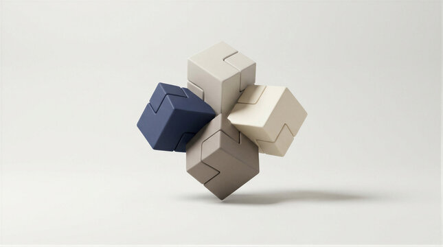 Abstract composition of interconnected geometric cubes. Blue and gray interlocking blocks representing teamwork, integration, problem solving, business synergy and architectural structure