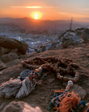 At the sunset of the Hajj pilgrimage, prayer beads made of wood were at Mount Arafat