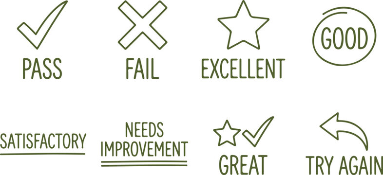 Set of rating symbols and text for feedback including pass fail excellent good satisfactory needs improvement great try again.