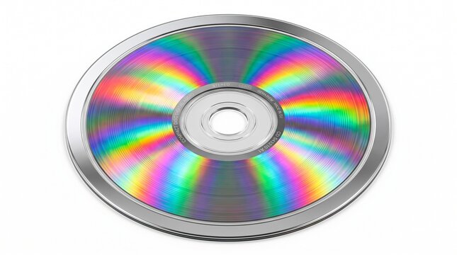 Vintage compact disc with rainbow reflections isolated on white background with displaying vibrant rainbow captures retro compact entertainment