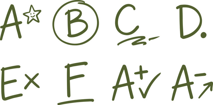 Handwritten school grades and marks in green on transparent background.