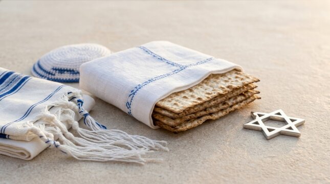 Jewish religious items with matzah, kippah, tallit, and star of david on a textured surface, representing passover and tradition
