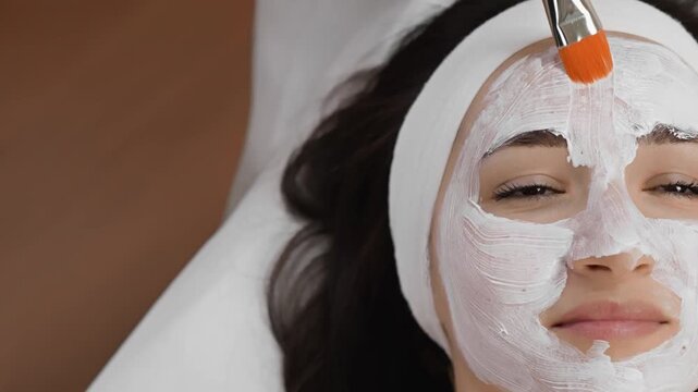 Closeup of a serene woman receiving a rejuvenating facial mask during a beauty spa session, highlighting wellness and self care. The treatment emphasizes modern skincare and relaxation trends