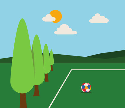 Soccer Ball on the Sideline of a Rural Football Field with Countryside Landscape