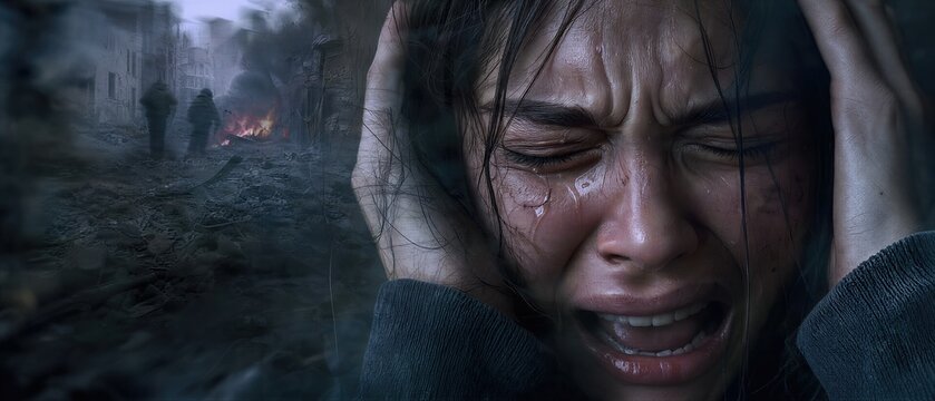 Woman suffering from post-traumatic stress disorder during war. Girl crying with memories of conflict and destruction. Banner with copy space