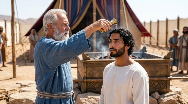 Anointing a man's head with oil in a desert setting, a symbolic ritual of consecration and blessing with religious and historical significance