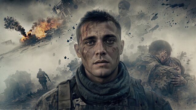 Soldier suffering from post-traumatic stress disorder facing memories of war. Portrait of wounded man experiencing flashbacks of military conflict and emotional pain from battle.