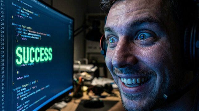 Man programmer looking at computer screen with code and success text. Developer working on software development project. Cyber security analyst at workstation in dark office environment