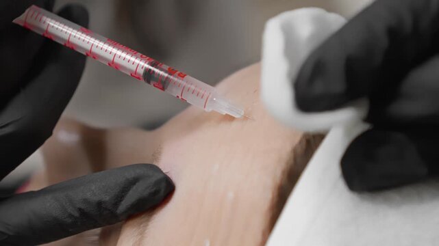 Aesthetic medicine expert performs a facial injection using a sterile syringe, focusing on precision and safety. The scene captures a popular non surgical cosmetic enhancement in a clinical setting
