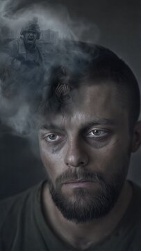 Man suffering from post traumatic stress disorder with soldier memories in smoke. Psychological mental health crisis of veteran struggling with war flashback and emotional trauma.