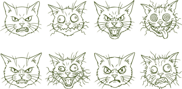 Set of eight hand-drawn cartoon cat faces with various expressive emotions like anger fear and confusion line art.