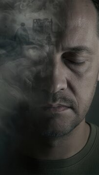 Man with post-traumatic stress disorder suffering from war flashbacks. Veteran experiencing memory of military combat and ruins. Psychological trauma, mental health and depression concept.