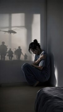 Woman sitting in corner experiencing post-traumatic stress disorder. Mental health struggle with war trauma flashbacks. Psychological distress, anxiety and veteran emotional suffering.