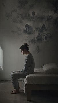 Woman suffering from post traumatic stress disorder sitting on bed in dark room. Mental health struggle with war memories and painful flashbacks. Psychological trauma and depression concept.