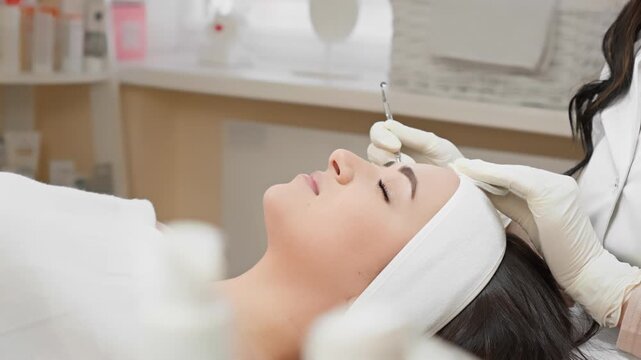 Aesthetician applies advanced facial therapy to a female client in a bright spa environment, focusing on skin rejuvenation. Beauty treatment emphasizes wellness and modern skincare trends