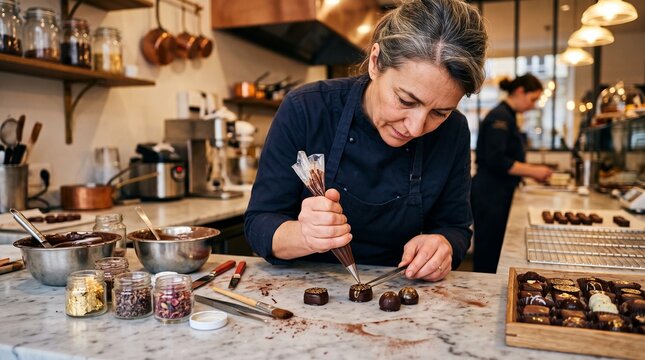 A skilled chocolatier meticulously pipes ganache onto delicate chocolate confections in a bright, artisanal kitchen, surrounded by ingredients and tools, showcasing the craft of handmade sweets.