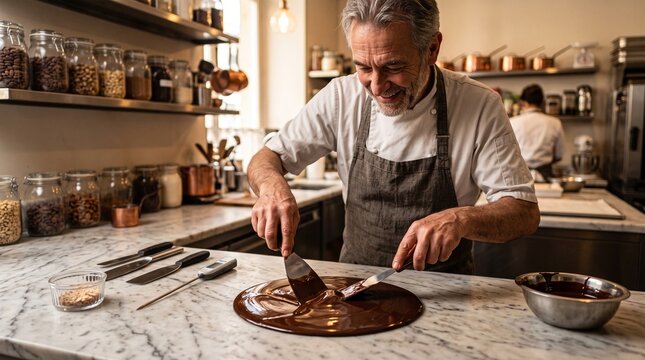 A skilled chocolatier meticulously works with melted chocolate on a marble countertop, his focused expression conveying the artistry and passion of his craft.