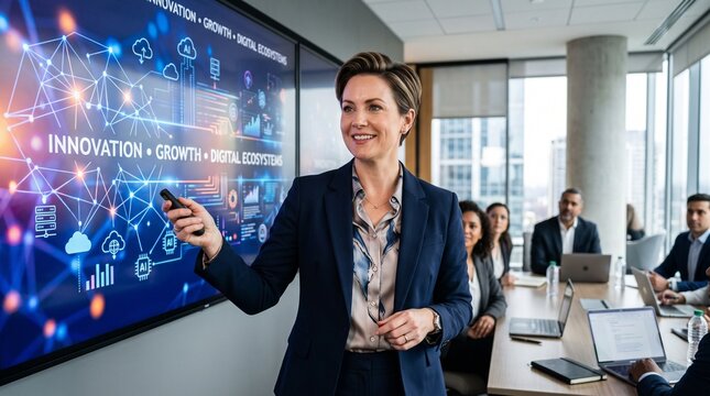 A confident businesswoman leads a dynamic presentation.