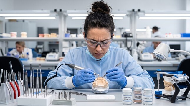 A dental technician meticulously crafts a dental prosthesis in a brightly lit laboratory, wearing protective gear and using specialized tools for precision work.