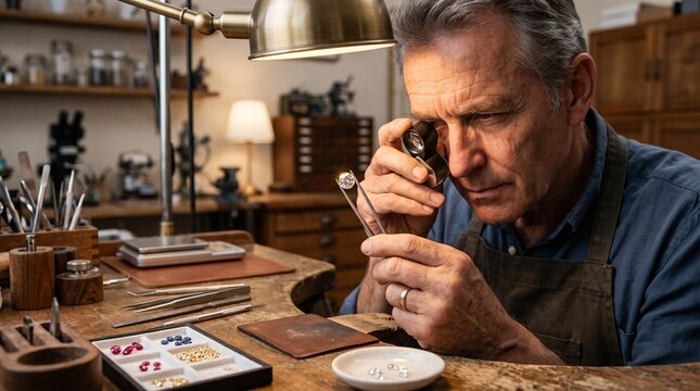 A skilled jeweler meticulously examines a precious gemstone with a magnifying loupe, his brow furrowed in concentration amidst a workbench filled with tools and materials.