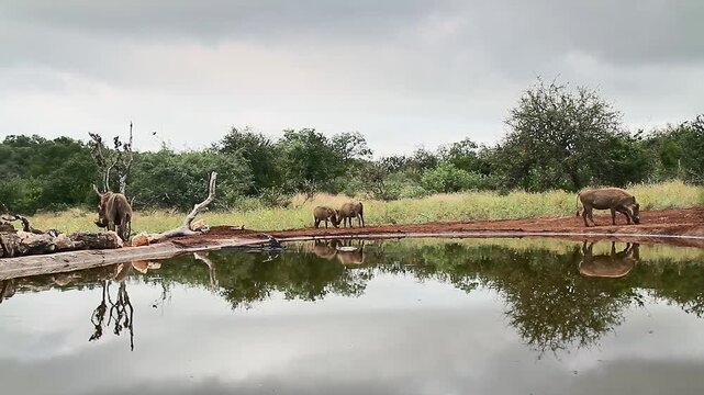 Common warthog family walking and fighting in waterhole with reflection in greater Kruger National park, South Africa ; Specie Phacochoerus africanus family of Suidae