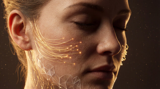 Woman face with digital glowing light fibers and geometric skin structures. Facial rejuvenation technology, skincare science, and biotechnology concept. Advanced medical aesthetics analysis
