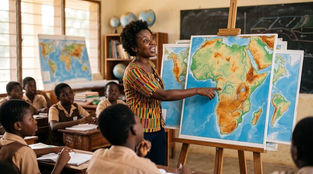 African teacher points to map of Africa educating young students in a classroom setting