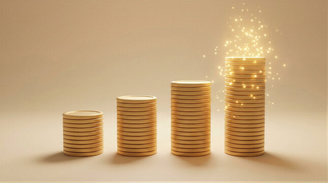 Gold coin stacks arranged as a rising bar chart. Financial growth and investment profit concept. Increasing savings and capital wealth accumulation shown in a professional business render