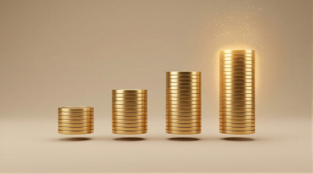 Golden coin stacks arranged in ascending bar chart formation. Financial growth concept representing increasing profit, savings, investment success and business revenue development strategy