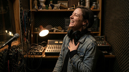 Naklejka premium Woman laughing in professional audio recording studio. Sound engineer working with mixing console and microphone. Music production process, voice recording and broadcast media industry