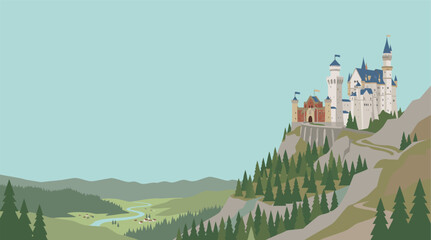 Majestic Medieval Palace Mountain Landscape Vector Illustration Design Features A Fairytale Fortress Nestled Upon A Scenic Pine Forest Cliff © Purnomo Semlirick