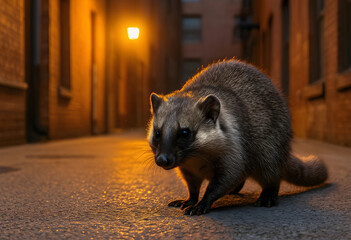 Fototapeta premium Small nocturnal mammal in an urban alleyway at night, illuminated by a warm street lamp