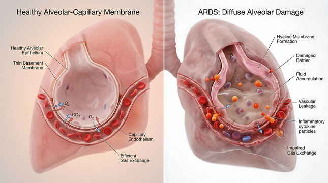 Healthy Alveolar-Capillary Membrane vs ARDS Lung with Diffuse Alveolar Damage and Hyaline Membrane