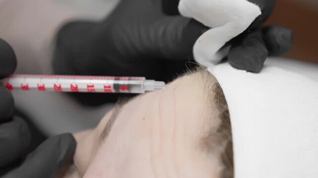 A detailed view of a beauty injection session focusing on the forehead area, highlighting the precision and care of the practitioner. Contemporary skincare and anti aging trends depicted
