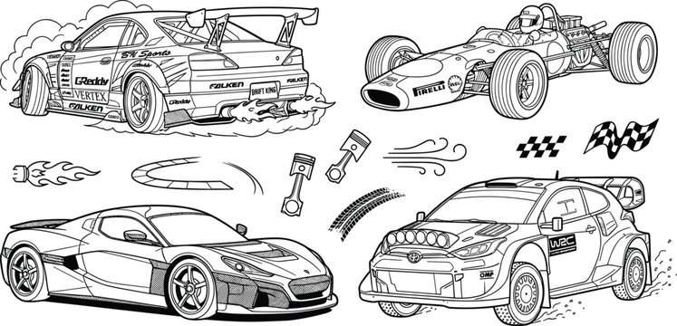 Motorsport Racing Car Collection with Drift Rally Vintage Formula and Supercar Plus Flames Pistons and Checkered Flags Line Art Set