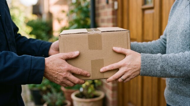 Delivery person hands a package to a recipient at their doorstep, close up on hands and box