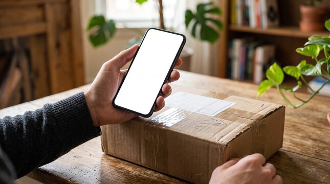 Person holding a smartphone with a blank screen over a cardboard delivery package on a wooden table