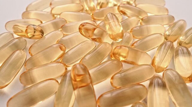 Detailed macro shot golden softgel capsules, emphasizing their smooth, shiny appearance, uniform shape. Ideal for illustrating nutrition, dietary supplements, pharmaceutical themes in health media