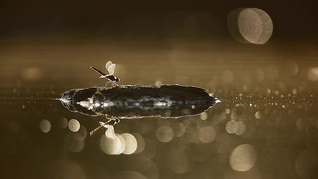 Dragonfly backlit flying at dawn on a rock in middle of water with reflection in Greater Kruger National park, South Africa