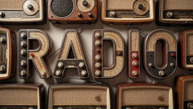 Collage multiple old-fashioned radio receivers arranged grid-like pattern different sizes shapes rectangular o