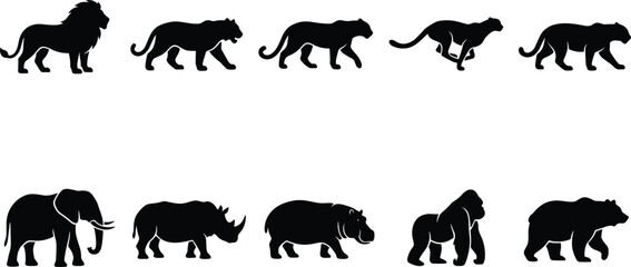 Wild Animals and Safari Wildlife Silhouette Icon Set with Lion, Tiger, Elephant, Rhino, Gorilla, Cheetah, and Bear Symbols for Nature Conservation Designs © shahariar