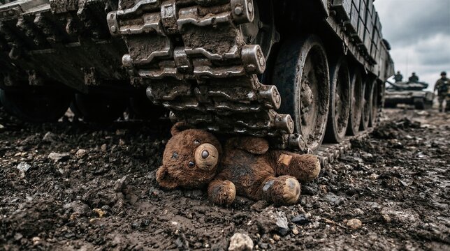 Dirty teddy bear toy lying under heavy tank track on muddy ground. Concept of destroyed childhood during armed conflict. Symbol of tragedy, suffering and loss in war zone landscape.