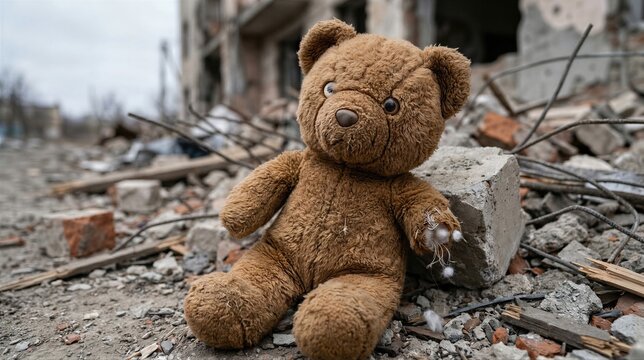 Abandoned teddy bear lying on ruins of destroyed building during war. Symbol of lost childhood and tragedy caused by military conflict. Humanitarian crisis and social drama concept.