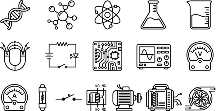 Science Laboratory Equipment and Electrical Engineering Line Icon Set with DNA Molecules Atom Circuit Voltmeter and Electronics Symbols for Educational Apps
