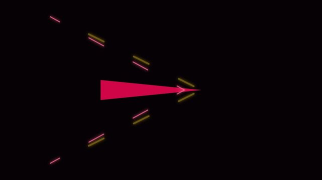Minimalist red triangle arrow motion with glowing neon lines on animation 4k black background, motion arrow