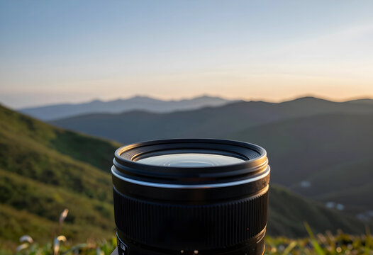 Camera lens capturing a scenic mountain landscape at sunrise, photography equipment and outdoor adventure concept, the golden morning light illuminates the hills and sky